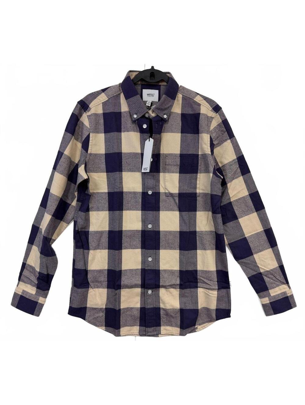 WESC Olavi Plaid Shirt Womens M Navy Beige Buffalo Check Cotton Button Up NWT